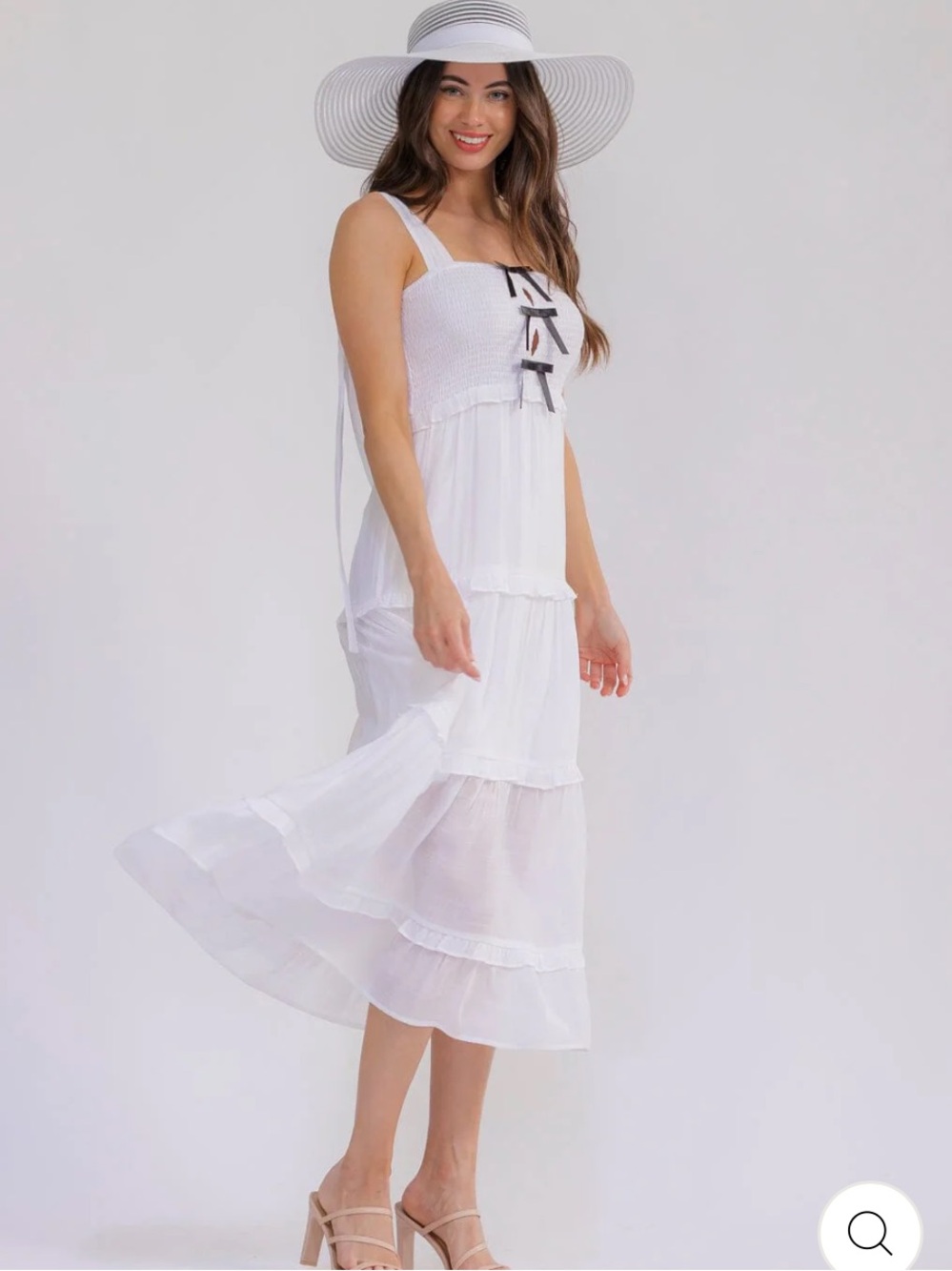 White Tiered Maxi Sundress with Black Bow Detail - Picture 3 of 4